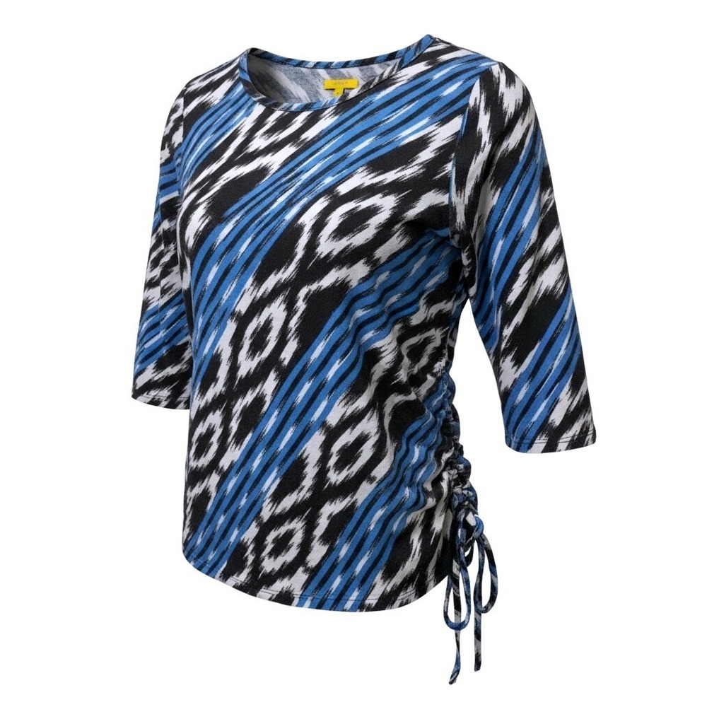 Ruby Rd Petite Womens Blue Ikat Abstract Side Cinch Ruched 3/4 Sleeve Top PS